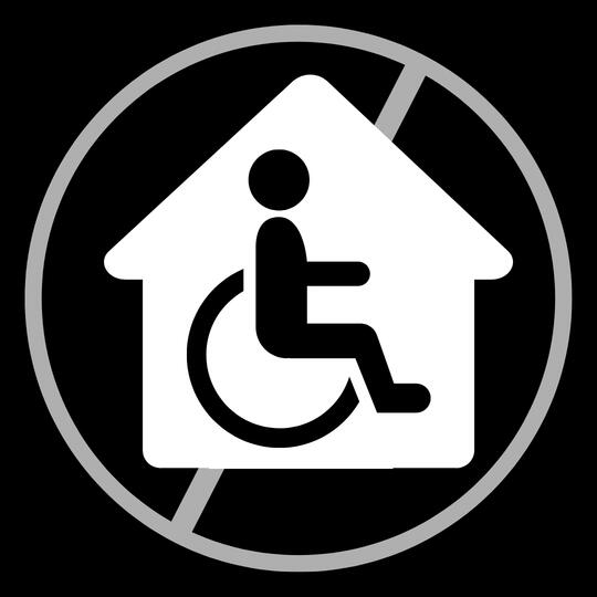 Back background. White silhouette of a house with a black silhouette of the universal symbol of disability in front of it. Behind the house is a prohibited symbol in grey.